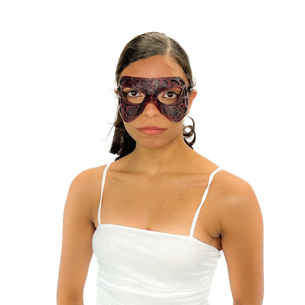 Dual Layer Ornate Masquerade Handmade Genuine Leather Eye Mask in Red