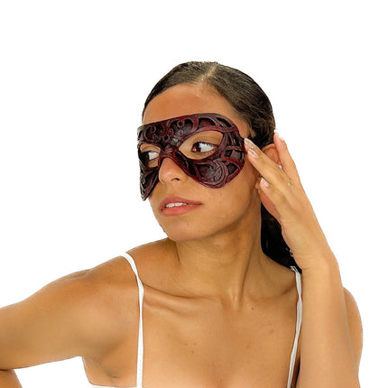 Dual Layer Ornate Masquerade Handmade Genuine Leather Eye Mask in Red