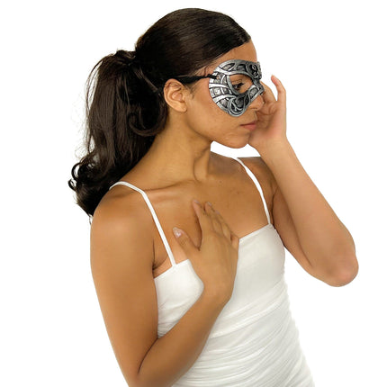 Dual Layer Ornate Masquerade Handmade Genuine Leather Eye Mask in Silver