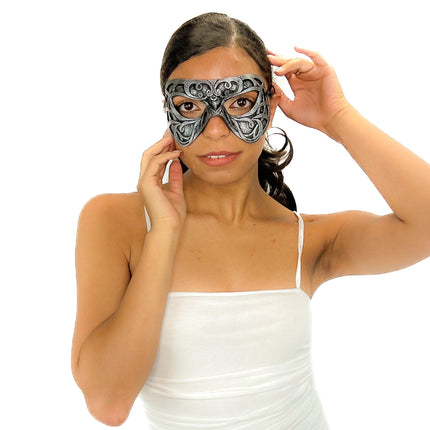 Dual Layer Ornate Masquerade Handmade Genuine Leather Eye Mask in Silver