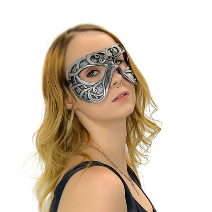 Dual Layer Ornate Masquerade Handmade Genuine Leather Eye Mask in Silver