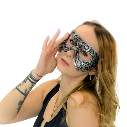 Dual Layer Ornate Masquerade Handmade Genuine Leather Eye Mask in Silver