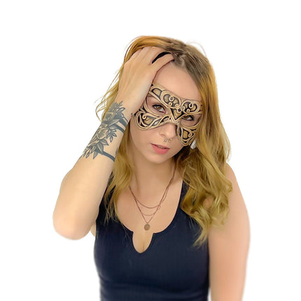 Dual Layer Ornate Masquerade Handmade Genuine Leather Eye Mask in Vintage Cream