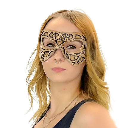 Dual Layer Ornate Masquerade Handmade Genuine Leather Eye Mask in Vintage Cream