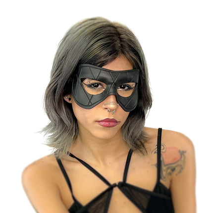 Compact Harlequin Handmade Genuine Leather Mask in Solid Black