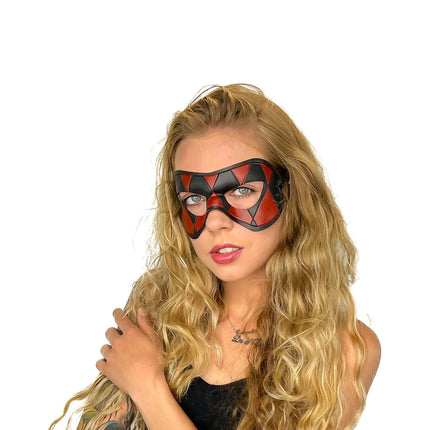 Compact Harlequin Handmade Genuine Leather Mask in Red and Black