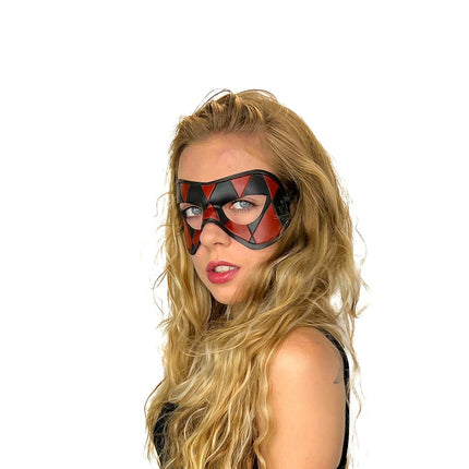 Compact Harlequin Handmade Genuine Leather Mask in Red and Black