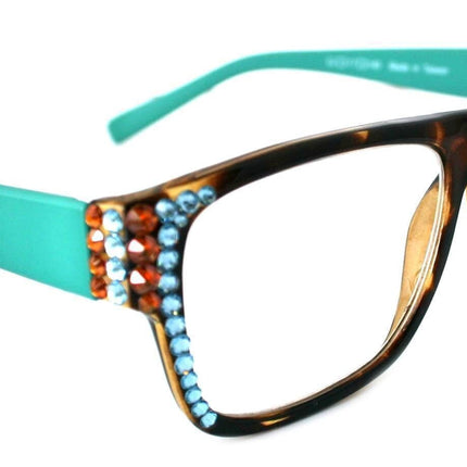 Brooklyn, (Bling) Reading Glasses for Women W (Aquamarine, Cooper) Genuine European Crystals.+1.25..+3Tortoise Brown Square. NY Fifth Avenue
