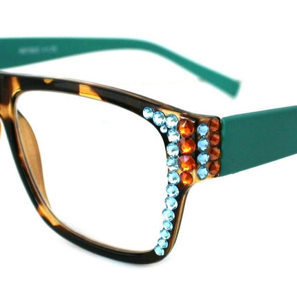 Brooklyn, (Bling) Reading Glasses for Women W (Aquamarine, Cooper) Genuine European Crystals.+1.25..+3Tortoise Brown Square. NY Fifth Avenue