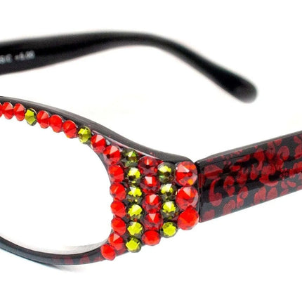 Isabella, (Bling) Reading Glasses Women W (Full Top) (L. Siam, Olivine Green) Genuine European Crystals (Red) NY Fifth Avenue (Wide Frame)