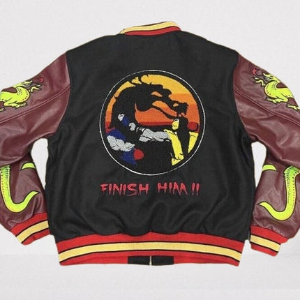 Handmade Custom made Mortal Kombat Varsity Jacket with Brown Sleeves
