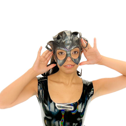 Handmade Genuine Leather Five Point Jester Mask in cosmic silver and Black No Bells