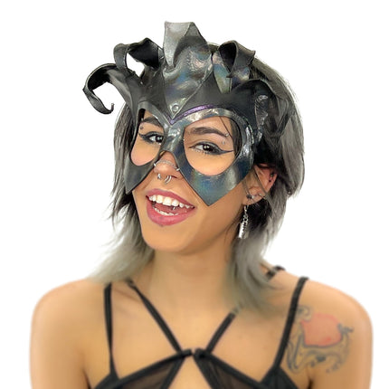 Handmade Genuine Leather Five Point Jester Mask in cosmic silver and Black No Bells
