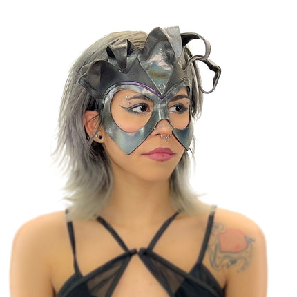 Handmade Genuine Leather Five Point Jester Mask in cosmic silver and Black No Bells