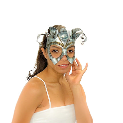 Handmade Genuine Leather Five Point Jester Mask in Patina Silver