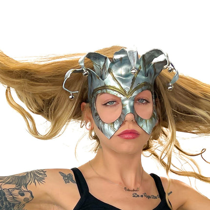 Handmade Genuine Leather Five Point Jester Mask in Patina Silver