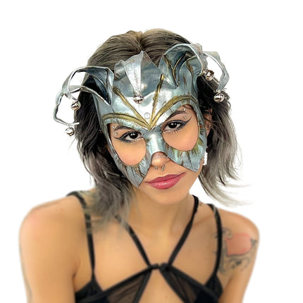 Handmade Genuine Leather Five Point Jester Mask in Patina Silver