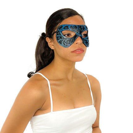 Dual Layer Ornate Masquerade Handmade Genuine Leather Eye Mask in Blue and Black