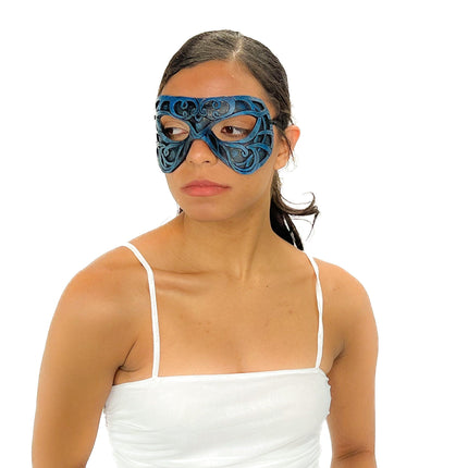 Dual Layer Ornate Masquerade Handmade Genuine Leather Eye Mask in Blue and Black