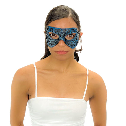 Dual Layer Ornate Masquerade Handmade Genuine Leather Eye Mask in Blue and Black