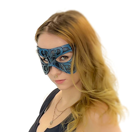 Dual Layer Ornate Masquerade Handmade Genuine Leather Eye Mask in Blue and Black