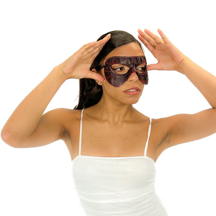 Dual Layer Ornate Masquerade Handmade Genuine Leather Eye Mask in Red