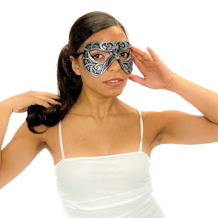 Dual Layer Ornate Masquerade Handmade Genuine Leather Eye Mask in Silver