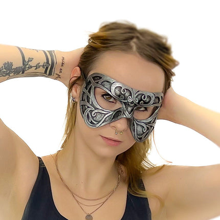 Dual Layer Ornate Masquerade Handmade Genuine Leather Eye Mask in Silver
