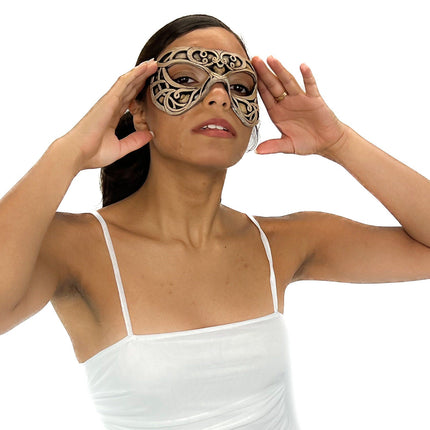 Dual Layer Ornate Masquerade Handmade Genuine Leather Eye Mask in Vintage Cream