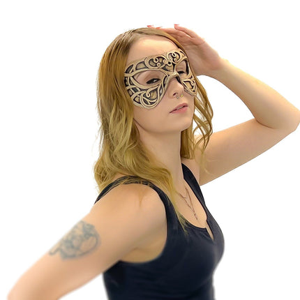 Dual Layer Ornate Masquerade Handmade Genuine Leather Eye Mask in Vintage Cream