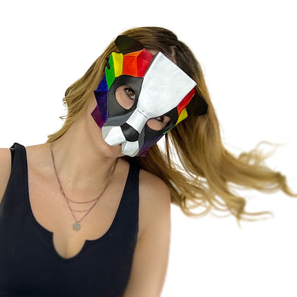 Geometric Rainbow Panda Bear Leather Mask