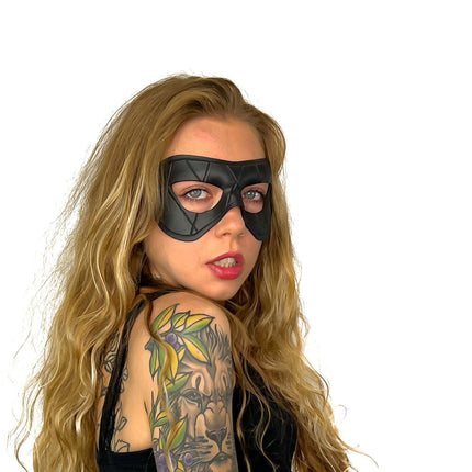 Compact Harlequin Handmade Genuine Leather Mask in Solid Black