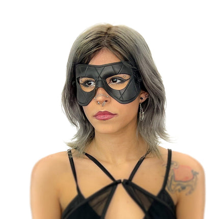 Compact Harlequin Handmade Genuine Leather Mask in Solid Black