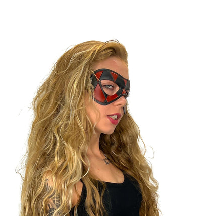 Compact Harlequin Handmade Genuine Leather Mask in Red and Black