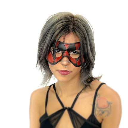 Compact Harlequin Handmade Genuine Leather Mask in Red and Black