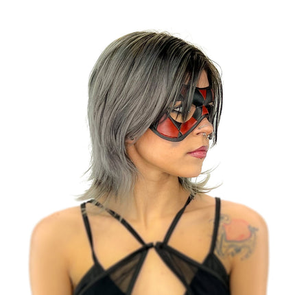 Compact Harlequin Handmade Genuine Leather Mask in Red and Black