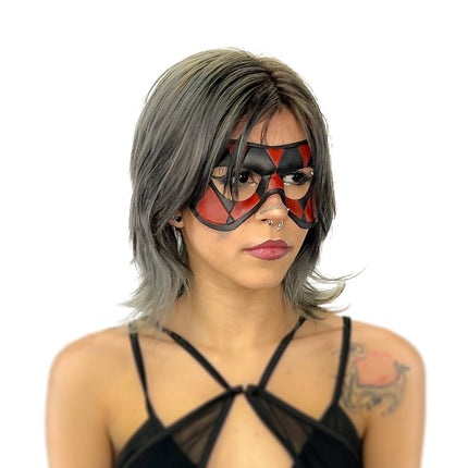 Compact Harlequin Handmade Genuine Leather Mask in Red and Black