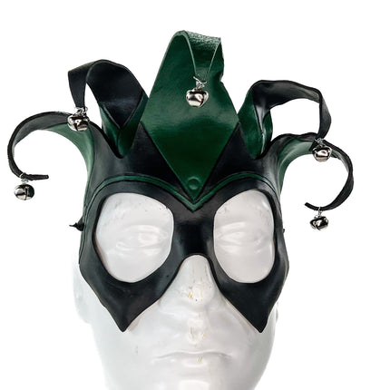 Handmade Genuine Leather Five Point Jester Mask in Green and Black