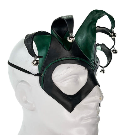 Handmade Genuine Leather Five Point Jester Mask in Green and Black