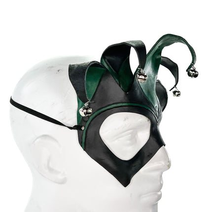 Handmade Genuine Leather Five Point Jester Mask in Green and Black