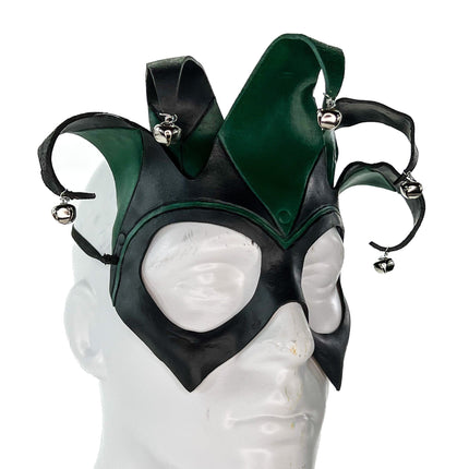 Handmade Genuine Leather Five Point Jester Mask in Green and Black