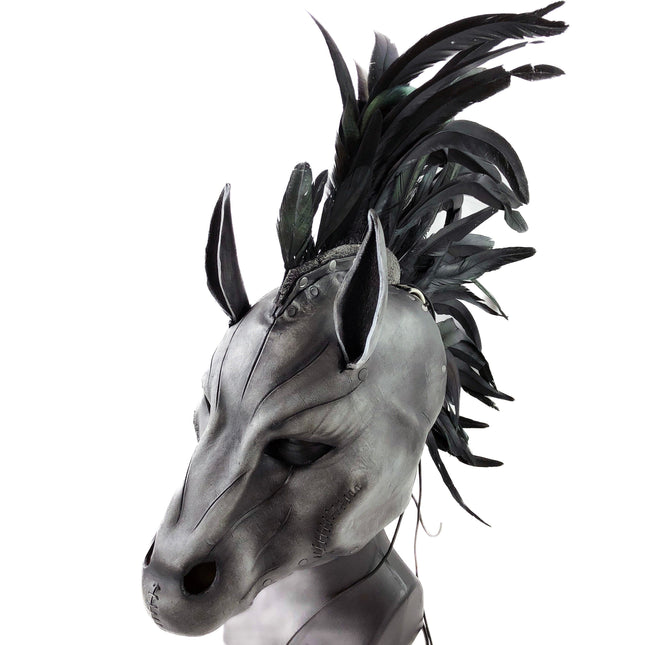 Flying Horse Handmade Genuine Leather Mask with Feathers