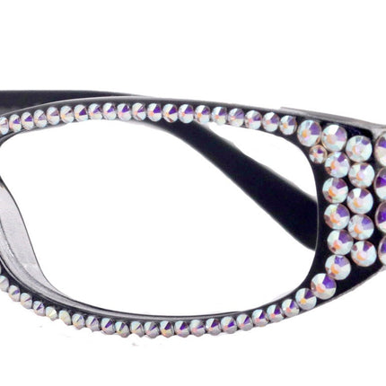 Elise, Bling Reading Glasses For Women W (AB)Genuine European Crystals rectangular (Black) +1.25 ..+3, Full Top  NY Fifth Avenue.