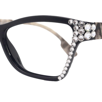Avian, (Bling) Women Reading Glasses w (Clear) Genuine European Crystals, Magnifying Cat Eye (Black) NY Fifth Avenue