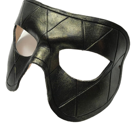 Harlequin Handmade Genuine Leather Mask in Black with Gold Hues