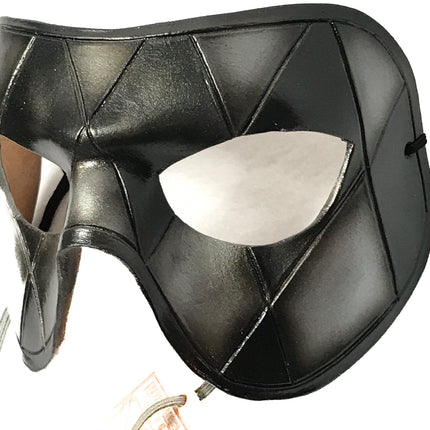 Silver Harlequin Handmade Genuine Leather Mask in Black and Silver