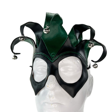 Handmade Genuine Leather Five Point Jester Mask in Green and Black