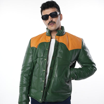 Ox and Bulls Puffer Yellow and Green Multicolor Leather Jacket - Spanish style Puffer Jacket
