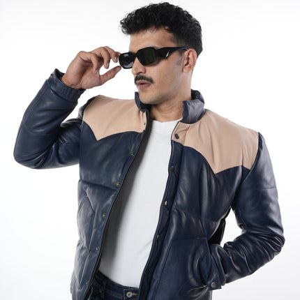 Ox and Bulls Puffer Blue Multicolor Leather Jacket - Spanish style Puffer Jacket