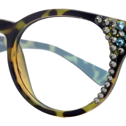 Brook, (Line Bifocal) Bling  Reading Glasses, W Black Diamond N Blue Genuine European Crystals  +1.25 to +3  (Tortoise Blue) NY Fifth Avenue